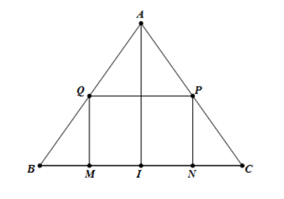 Bạn A muốn làm một chiếc thùng hình trụ không đáy từ nguyên liệu là mảnh tôn hình tam giác đều ABC có cạnh bằng 90(cm). Bạn muốn cắt mảnh tôn hình chữ nhật MNPQ từ mảnh tôn nguyên liệu để tạo thành hình trụ có chiều cao bằng MQ. Thể tích lớn nhất của chiếc thùng mà bạn A có thể làm được là.   (ảnh 2)