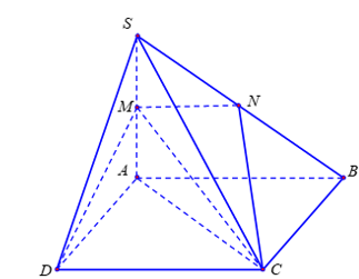 Cho hình chóp S.ABCD có đáy là hình vuông, cạnh bên SA vuông góc với đáy. Gọi M, N là trung điểm của SA, SB.  (ảnh 1)