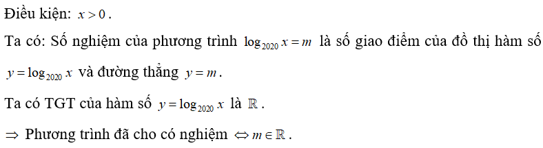 Tập hợp các giá trị m để phương trình log 2020 x =m  có nghiệm thực là (ảnh 1)