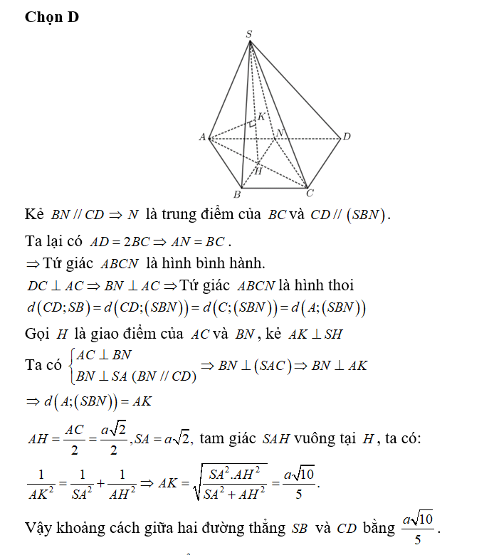 Cho hình chóp S.ABCD có đáy ABCD là hình thang có đáy lớn là AD các đường (ảnh 1)