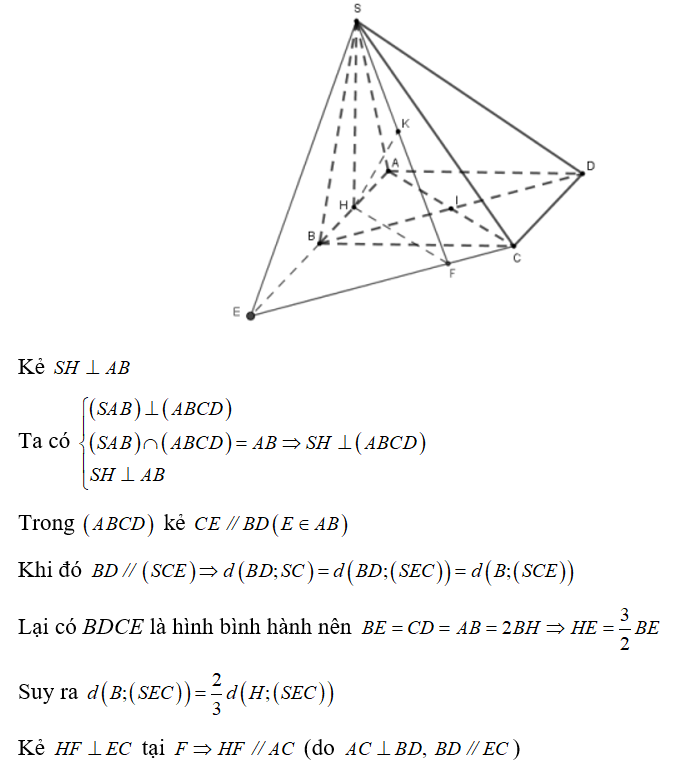 Cho hình chóp S.ABC có đáy ABCD là hình thoi,BD= 2AC = 4a  . Tam giác SAB là tam giác đều và nằm trong mặt phẳng vuông góc với mặt phẳng  . Khoảng cách giữa hai đường thẳng BD và SC bằng (ảnh 1)