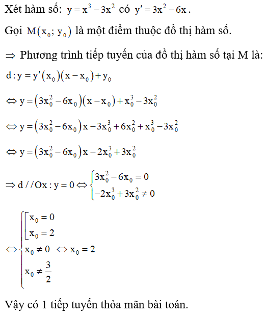 Cho hàm số y = x^3 -3x^2. Có bao nhiêu tiếp tuyến của đồ thị hàm số song song với trục hoành? (ảnh 1)
