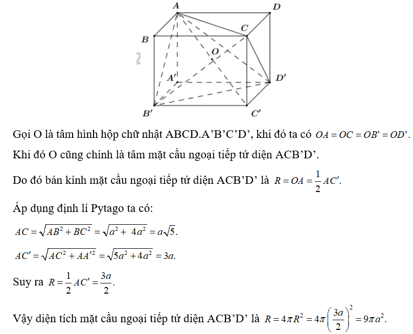 Cho hình hộp chữ nhật ABCD.A'B'C'D' có AB =a, AD =2a, AA' = 2a.  Diện tích mặt cầu ngoại tiếp tứ diện ACB'D' bằng (ảnh 1)