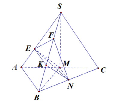 Cho khối chóp SABC có đáy ABC là tam giác vuông cân tại B, có AB=4, SA=SB=SC=12 . Gọi MN lần lượt là trung điểm AC. BC  (ảnh 2)