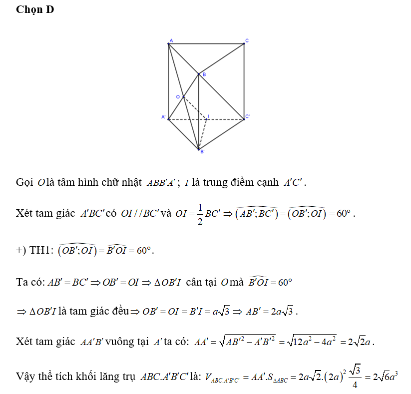 Cho hình lăng trụ tam giác đều ABC.A'B'C' có cạnh đáy bằng 2a, góc giữa (ảnh 1)