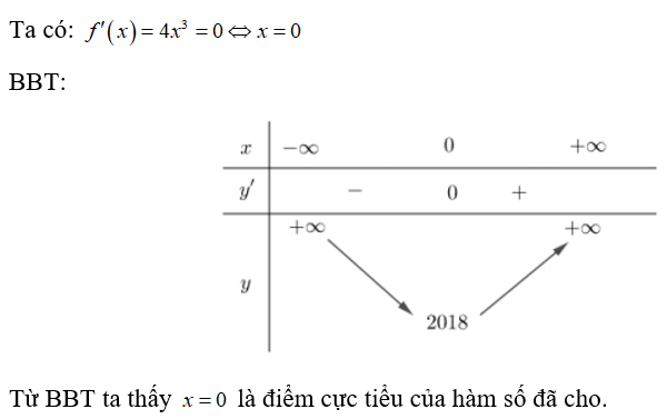 Cho hàm số y =f(x)= x^4 +2018 . Điểm cực tiểu của hàm số là (ảnh 1)