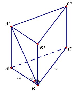 Cho lăng trụ đứng ABCA'B'C'  có đáy  ABC là tam giác vuông tại B ,AB=  acăn 2  ,BC= 3a  . Góc giữa cạnh  A'B và mặt đáy là 60 độ  .  (ảnh 1)
