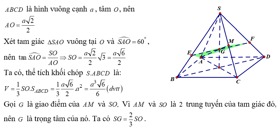 Cho hình chóp tứ giác đều SABCD  đáy là hình vuông cạnh a  cạnh bên hớp với đáy một góc 60 độ . Gọi M  là trung điểm của SC  Mặt phẳng qua (ảnh 1)