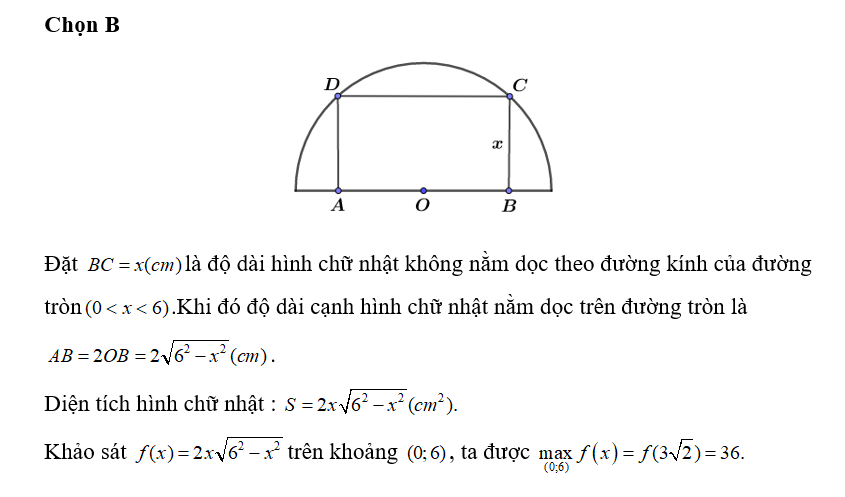 Một hình chữ nhật nội tiếp trong nửa đường tròn bán kính R= 6cm , biết một cạnh của (ảnh 1)