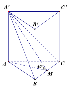 Cho lăng trụ tam giác đều ABCA'B'C có cạnh đáy bằng 2a, góc giữa ( A'BC) và mặt phẳng đáy bằng 60. Thể tích khối lăng trụ (ảnh 1)
