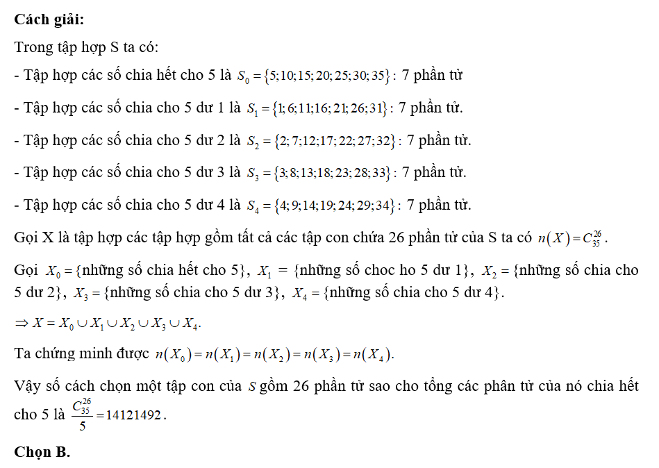 Cho S= {1;2;3;.....; 35} tìm số cách chọn một tập con của S gồm 26 phần tử sao (ảnh 1)