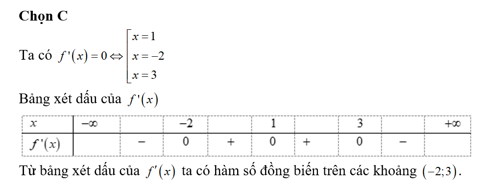 Cho hàm số y=f(x) có đạo hàm f'(x)=(x-1)^2(x+2)(3-x). Mẹnh đề nào dưới đây đúng? (ảnh 1)