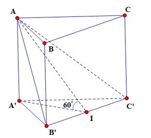Cho lăng trụ đứng  ABCA'B'C' có đáy là tam giác đều cạnh a  . Mặt phẳng  ( AB'C') tạo với mặt đáy góc  60 độ. Tính theo  a thể tích khối lăng trụ ABCA'B'C' . (ảnh 1)