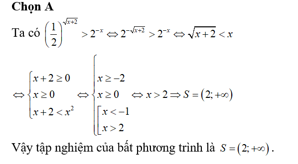 Tập nghiệm của bất phương trình (1/2) ^ căn bậc hai x+2 > 2^-x 1 (ảnh 1)