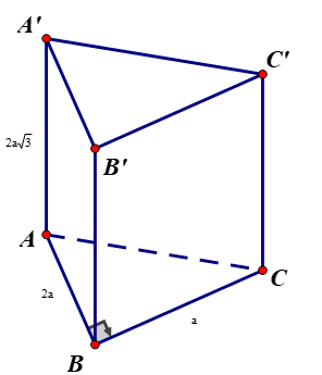 Cho lăng trụ đứng ABCA'B'C'  có đáy ABC là tam giác vuông tại B , AB= 2a  , BC= a, AA'= 2a căn 3 . Tính theo a   thể tích khối lăng trụ  ABCA'B'C'.   (ảnh 1)