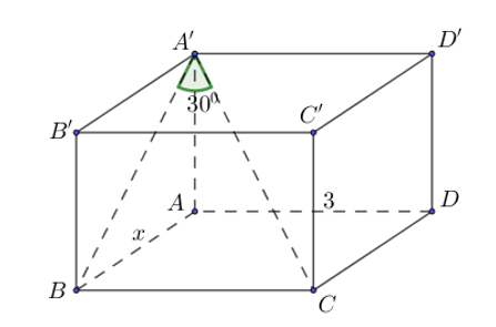 Cho hình hộp chữ nhật ABCDA'B'C'D'  có AB= x, AD=3 góc giữa đường thẳng A'C và mặt phẳng ( ABB'A') bằng30 độ .  (ảnh 1)