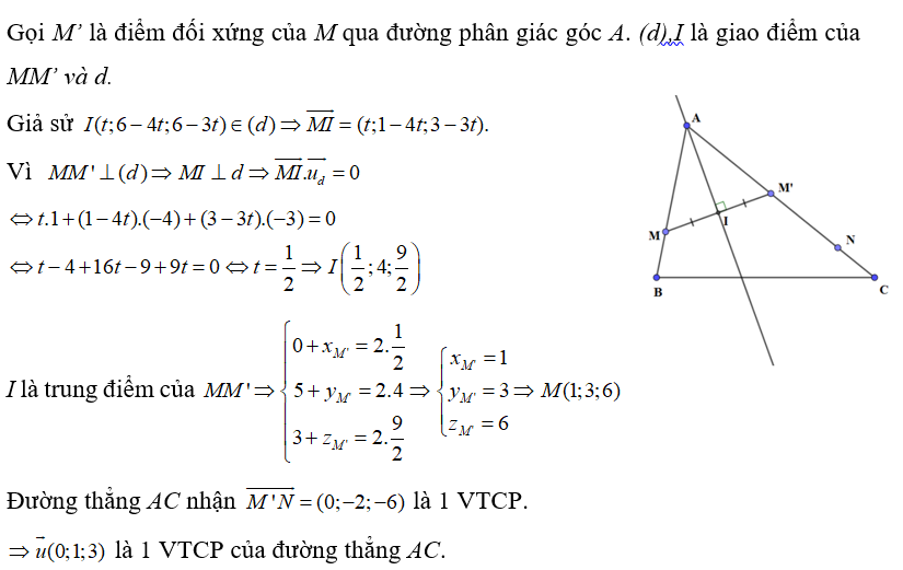 Trong không gian với hệ tọa độ Oxyz, cho tam giác ABC có phương trình đường phân giác góc A là x/1 = y -6/ -4= z -6/ -3. (ảnh 1)
