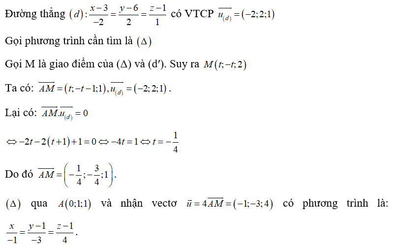 Trong không gian Oxyz, cho hai đường thẳng (d): x-3/-2; y -6/ 2= z -1/1 , (d'): x =t, y =-t, z =2 . Đường thẳng đi qua (ảnh 1)