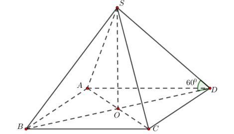 Cho hình chóp tứ giác đều  SABCD có cạnh đáy bằng  a và cạnh bên tạo với đáy một góc bằng 60 độ . Thể tích của khối chóp đều đó là  (ảnh 1)