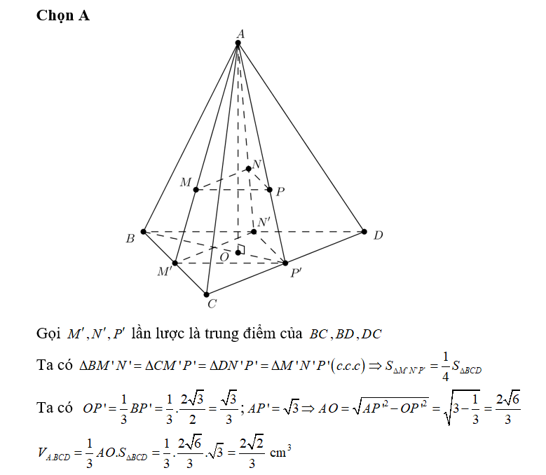 Cho khối tứ diện đều  ABCD cạnh bằng 2cm. Gọi M,N,P lần lược là trọng tâm của (ảnh 1)