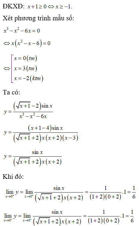 Số đường tiệm cận đứng của đồ thị hàm số y = (căn x +1) -2) sinx/ x^3 -x^2 -6x  là (ảnh 1)