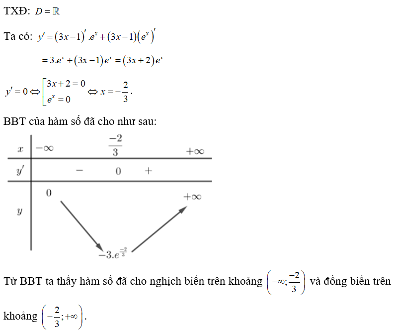 Hàm số y =(3x -1)e^x  nghịch biến trên khoảng nào trong các khoảng sau đây? (ảnh 1)