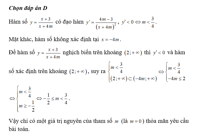 Có bao nhiêu giá trị nguyên của tham số m để hàm số y= x+3/ x+ 4m (ảnh 1)