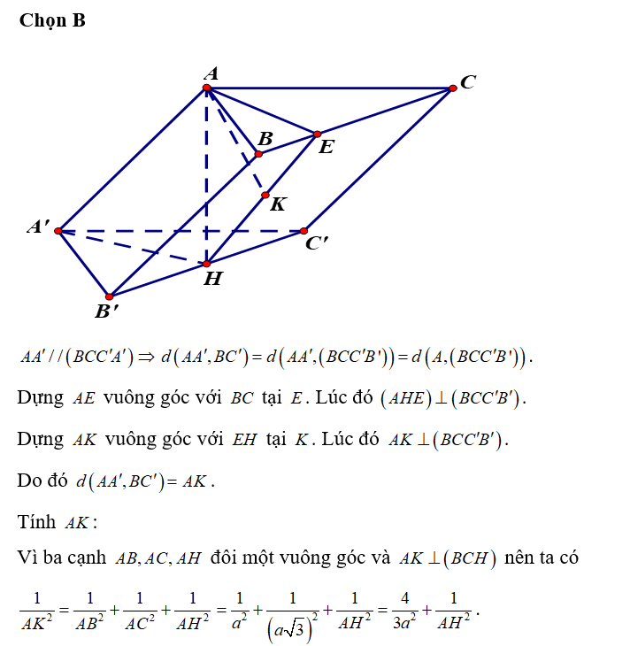 Cho hình lăng trụ ABC.A'B'C' có tam giác ABC vuông tại A. AB=a (ảnh 2)