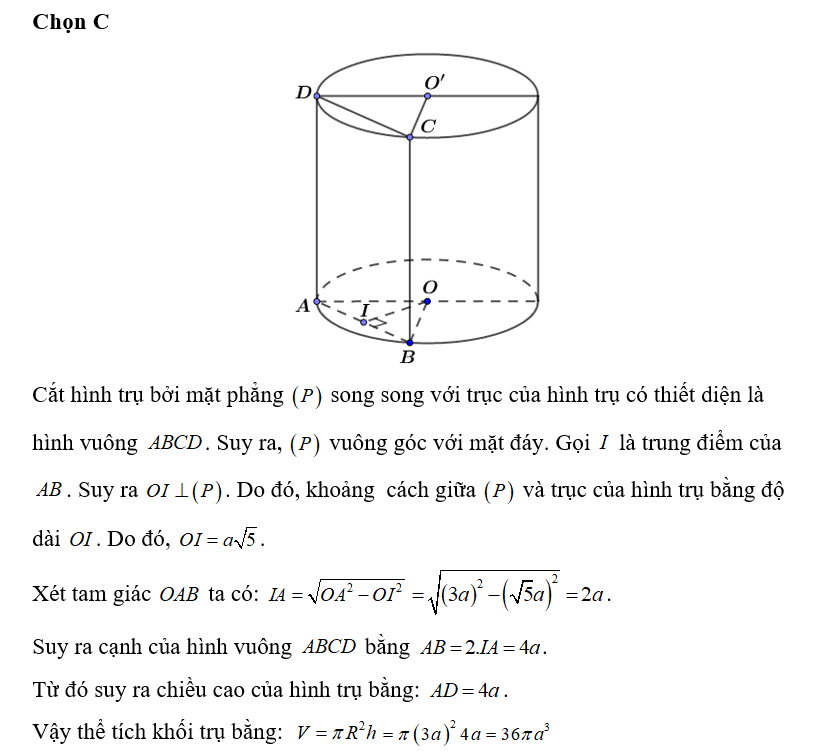 Cho hình trụ có bán kính bằng 3a. Cắt hình trụ bởi mặt phẳng (P) song song với trục của (ảnh 1)