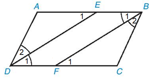 Cho hình bình hành ABCD (AB > BC). Tia phân giác của góc D cắt AB tại E và tia phân giác của  (ảnh 2)