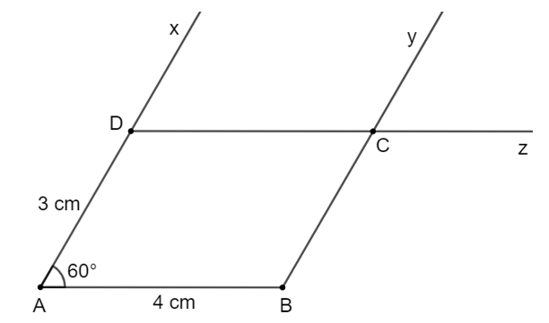 Vẽ hình bình hành, biết hai cạnh liên tiếp bằng 3 cm, 4 cm và góc xen giữa hai cạnh đó bằng (ảnh 1)