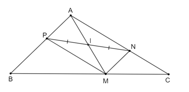 Cho tam giác ABC. Từ một điểm M tùy ý trên cạnh BC, kẻ đường thẳng song song với AB, cắt cạnh AC (ảnh 1)