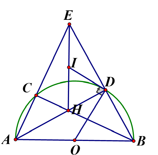 Cho nửa đường tròn tâm O đường kính AB  Gọi C, D  thuộc nữa đường tròn (  C thuộc cung  AD) AD  cắt BC  tại H, AC   cắt BD  tại E  (ảnh 1)