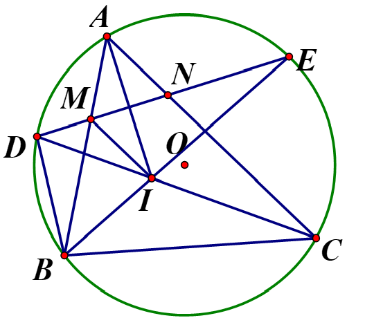 Cho  tam giác  có ba góc nhọn nội tiếp (O). D,E  theo thứ tự là điểm chính giữa của các cung AB, AC.  Gọi giao điểm của DE  với AB,AC  theo thứ tự là M,M (ảnh 1)