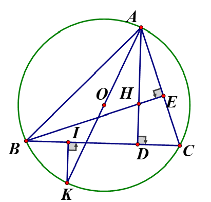 Cho  tam giác ABC   có  góc nhọn  ( AB>AC) nội tiếp đường tròn (O,rR) .Hai đường cao AD và BE  cắt nhau tại  H  1 .  Chứng minh : Tứ giác CEHD nội tiếp. (ảnh 1)