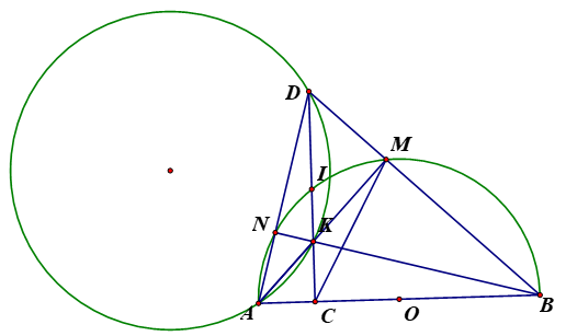 Cho nữa đường tròn tâm O đường kính  ABC là  một điểm nằm giữa O   và A  .  Đường thẳng vuông góc với AB  Tại  C   cắt nữa đườn tròn trên (ảnh 1)