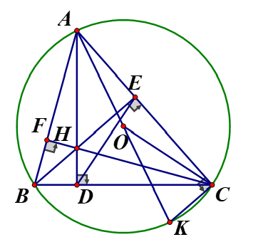 Cho tam giác  ABC ( AB<AC)  có ba góc nhọn nội tieps trong đường tròn tâm O  ,bán kính R   .Gọi H   là giao điểm của ba đường cao AD,BE, CF (ảnh 1)