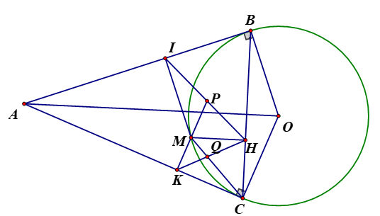 Từ điểm A ở bên ngoài đường tròn (O)   kẻ hai tiếp tuyến  AB và AC( B,C là các tiếp điểm ). M là điểm bất kì trên cung nhỏ . (ảnh 1)