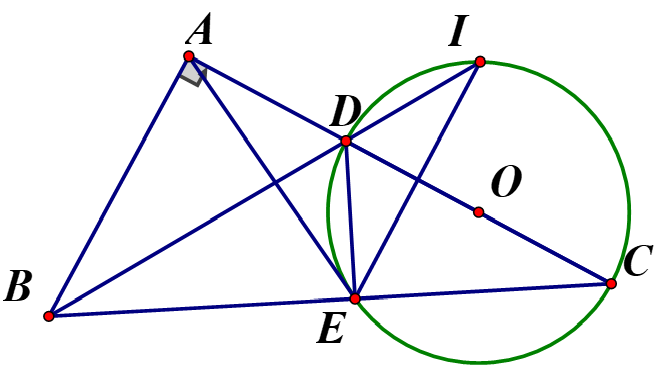 Cho tam giác ABC  vuông tại A  trên cạnh AC  lấy điểm D  ( D khác A, D khác C) . Đường tròn tâm O đường kính DC cắt BC tại E (ảnh 1)