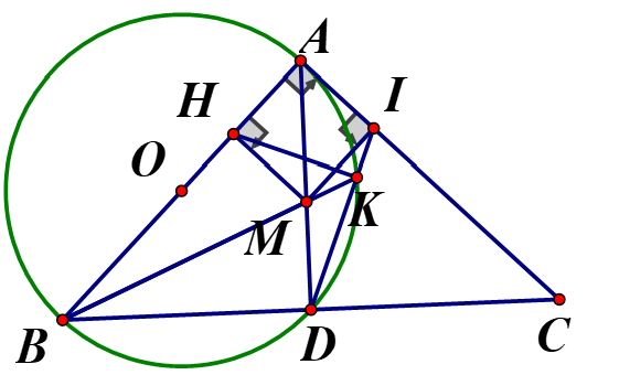 Cho tam giácABC Vuông cân đỉnh A  .Đường tròn đường kính  AD cắt BC tại D(D khác B).Điểm M bất kì trên đoạn AD ,kẻ MH, MI lần (ảnh 1)