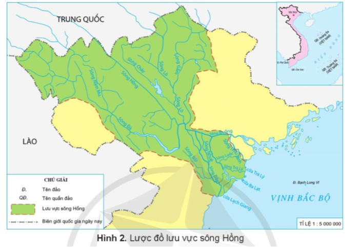 • Quan sát hình 2, em hãy xác định vị trí của sông Hồng trên lược đồ. • Sông Hồng còn có những tên gọi nào khác? (ảnh 1)