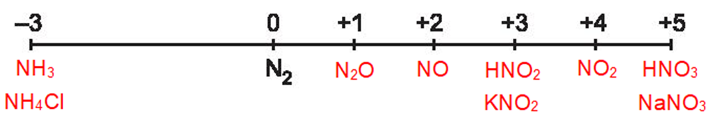 Sắp xếp các hợp chất sau vào vị trí tương ứng trong trục biểu diễn số oxi hoá của nitrogen: NO, N2O, NO2, NH3, HNO2, HNO3, NH4Cl, KNO2, NaNO3. (ảnh 1)