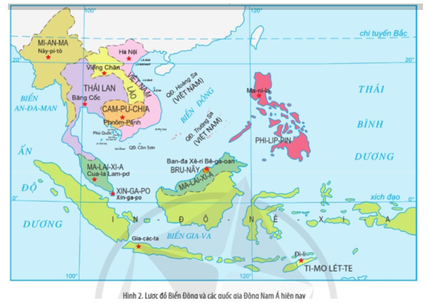 Đọc thông tin và quan sát Hình 2, xác định vị trí của Biển Đông trên lược đồ.   (ảnh 1)