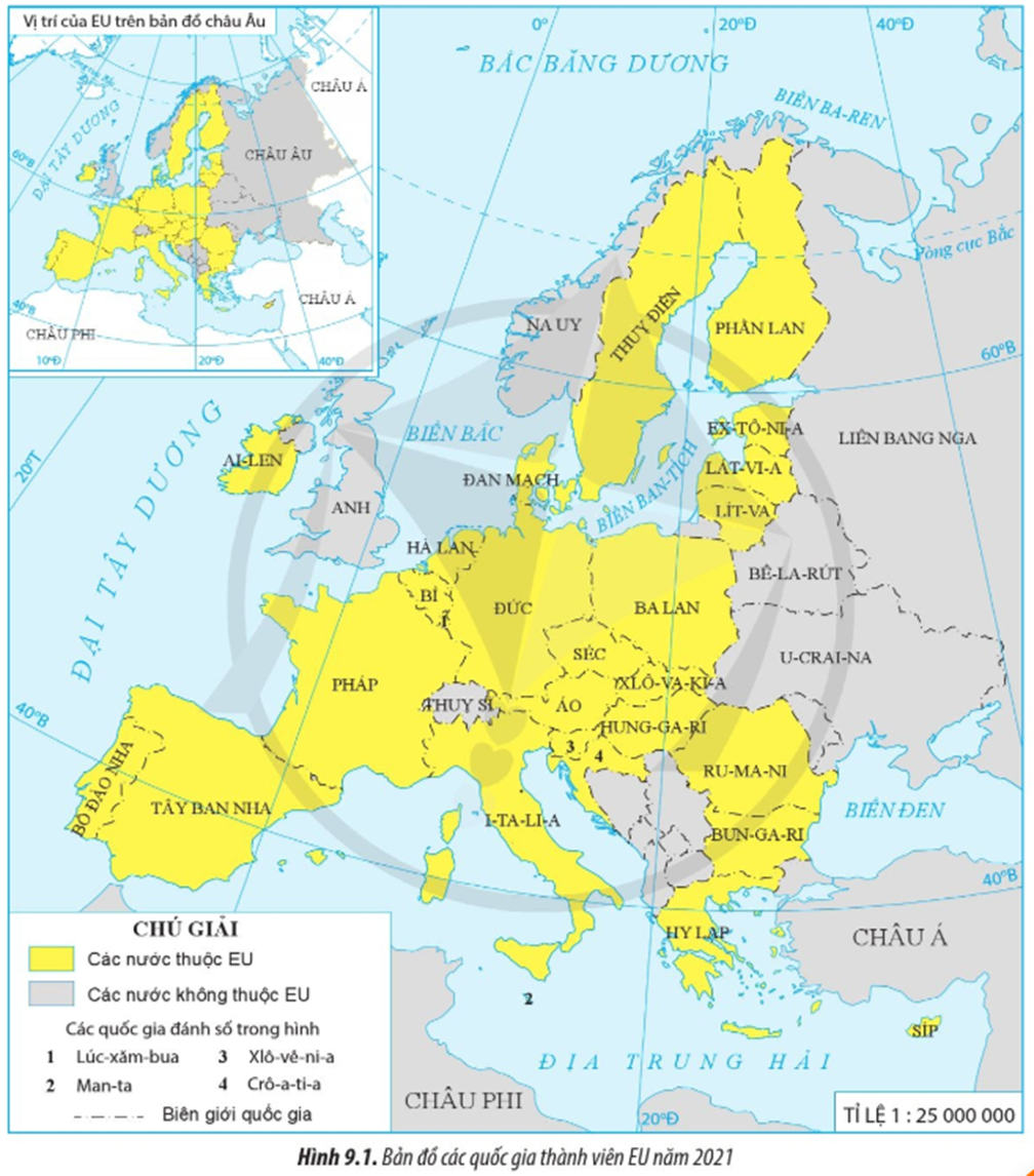 Đọc thông tin và quan sát hình 9.1, hãy xác định các quốc gia thuộc EU tính đến (ảnh 1)