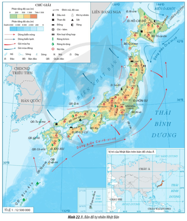 Đọc thông tin và quan sát hình 22.1, hãy Xác định bốn đảo lớn của Nhật Bản trên bản đồ (ảnh 1)