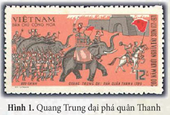 Hình bên là một con tem do nước Việt Nam Dân chủ Cộng hòa phát hành năm 1971 nhân kỉ niệm 200 năm phong trào Tây Sơn. Hãy cho biết hình ảnh đó nhắc đến sự kiện lịch sử nào? (ảnh 1)