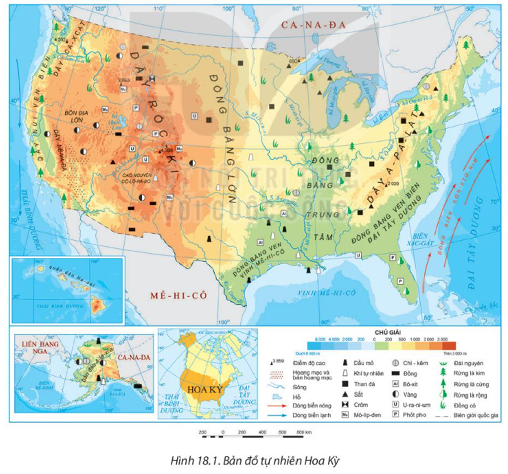 Dựa vào thông tin mục I và hình 18.1, hãy: Nêu đặc điểm vị trí địa lí của Hoa Kỳ (ảnh 1)