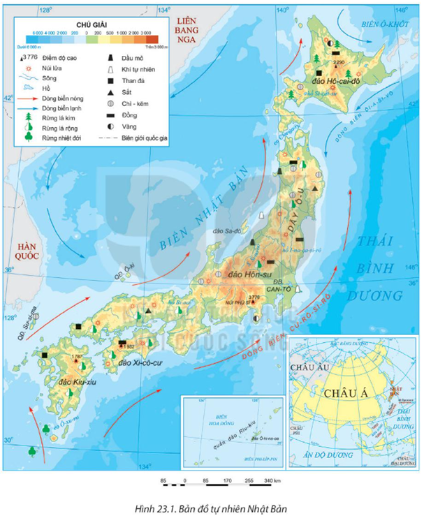 Dựa vào thông tin mục I và hình 23.1, hãy: Xác định vị trí địa lí của Nhật Bản (ảnh 1)