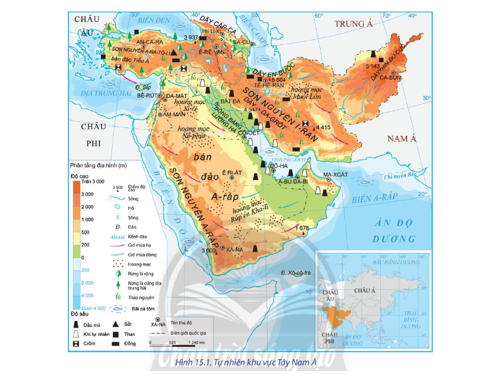 Dựa vào hình 15.1 và thông tin trong bài hãy cho biết  - Những đặc điểm nổi bật về trí địa lý của Tây Nam Á (ảnh 1)
