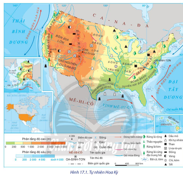 Dựa vào hình 17.1 và thông tin trong bài hãy cho biết  - Những đặc điểm nổi bật về trí địa lý của Hoa Kỳ (ảnh 1)